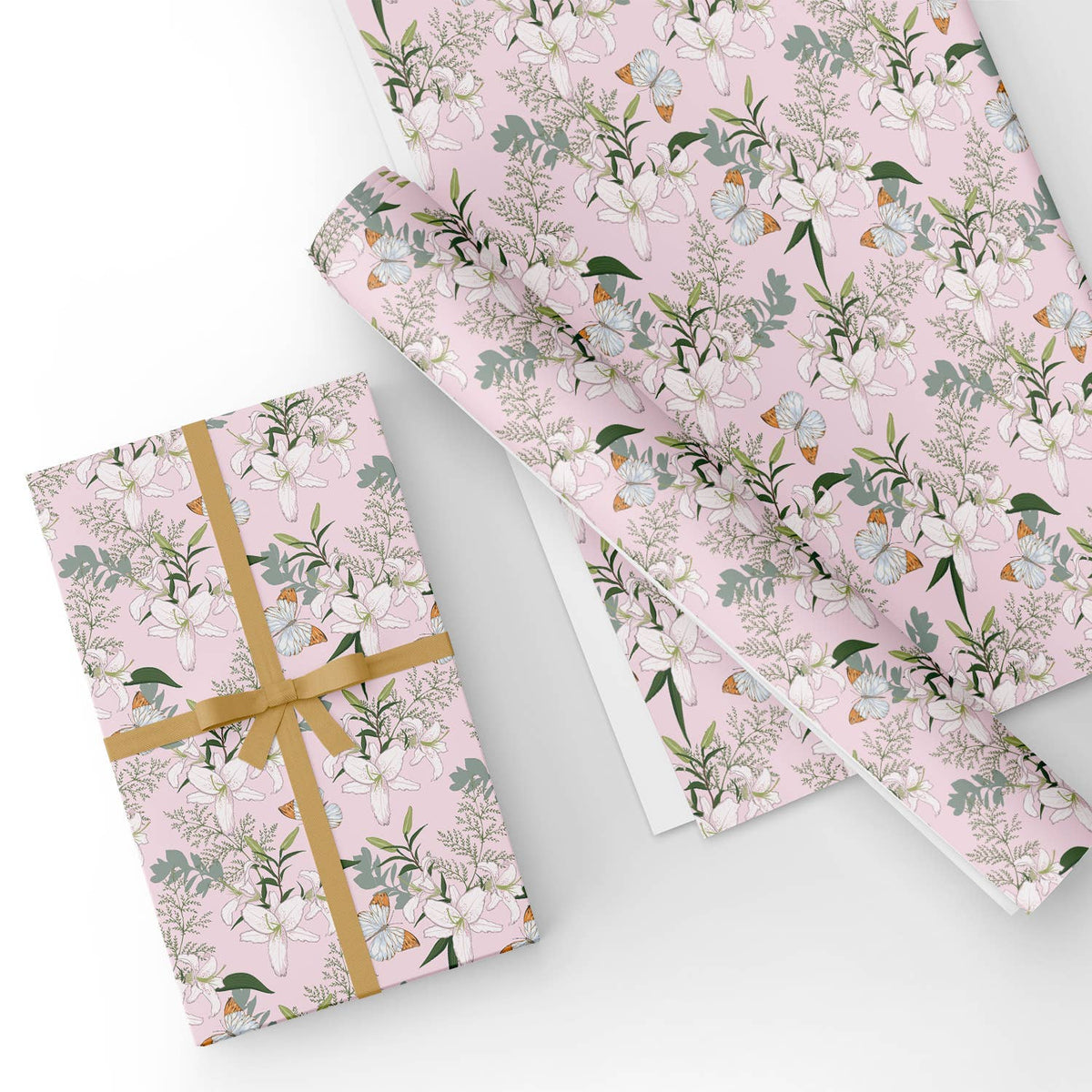 Custom Wrapping Paper Sheets for Wedding, Birthday, Mothers Day, Congrats-  Elegant Lily Floral with Butterfly in Pink, Bulk Wrapping Paper Printed